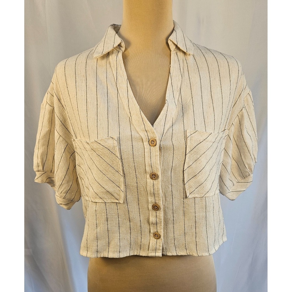 Kirious LA Cropped Striped Button Shirt Ivory Boxy Coastal Cottagecore  Coquette